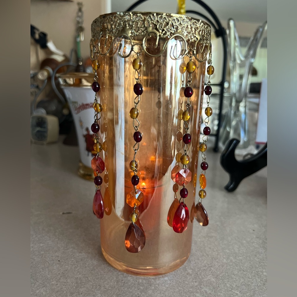 Beaded candle holder glass. 3.3”x 8.1” tall .